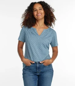 New L.L.Bean "Women's Organic Cotton Tee, Smocked Notch-Neck Short-Sleeve Print"