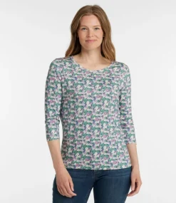 Outlet L.L.Bean "Women's Pima Cotton Shaped Jewelneck Tee, Three-Quarter-Sleeve Print"