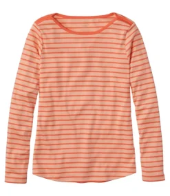 Online L.L.Bean "Women's Pima Cotton Shaped Tee, Long-Sleeve Boatneck Stripe" SunrisePeach/MaritimeOrange