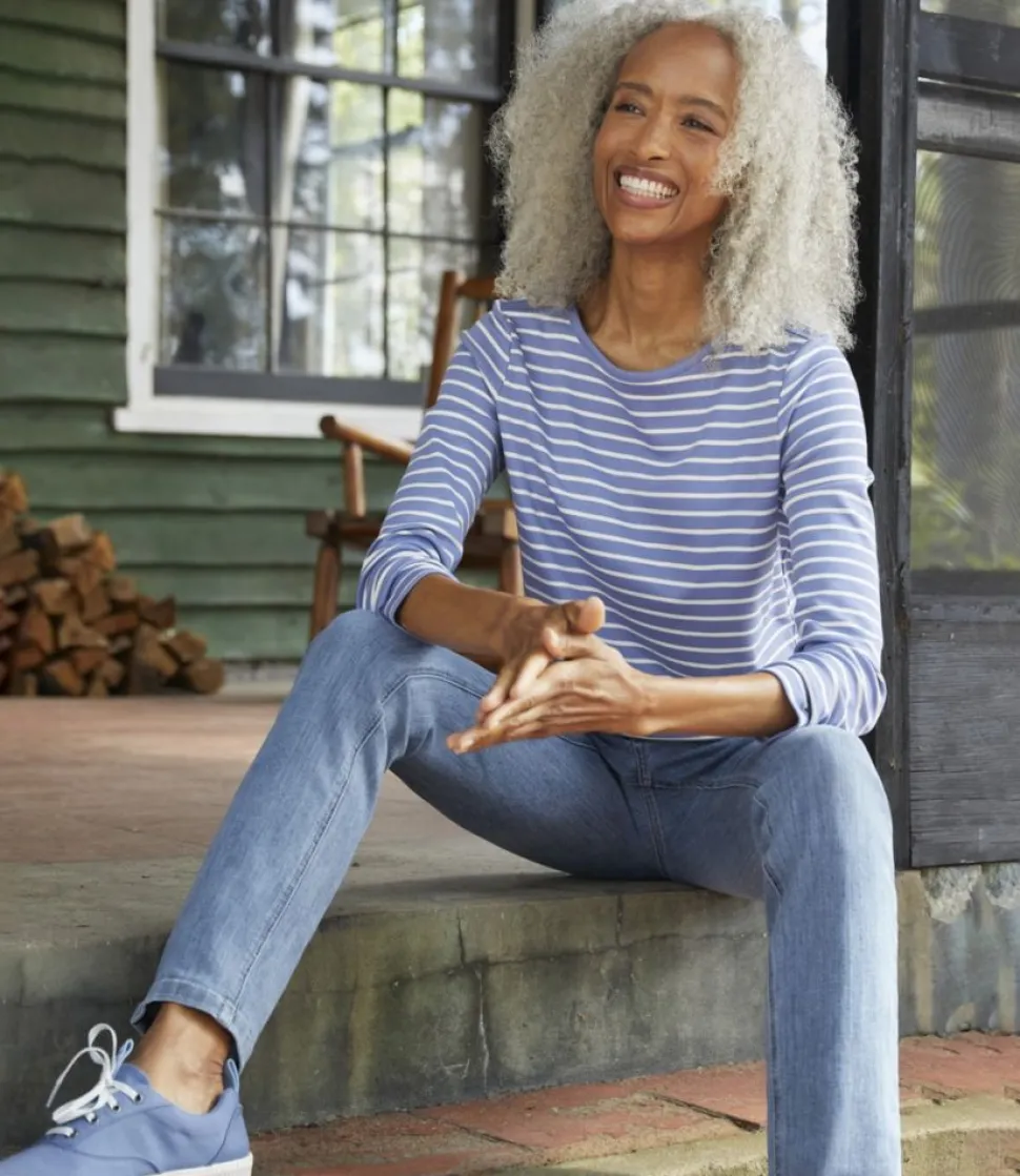 Online L.L.Bean "Women's Pima Cotton Shaped Tee, Long-Sleeve Boatneck Stripe" SunrisePeach/MaritimeOrange