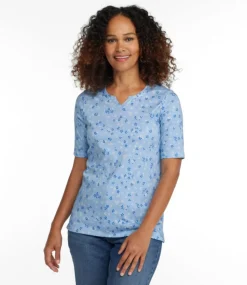 Clearance L.L.Bean "Women's Pima Cotton Tee, Notch-Neck Elbow-Sleeve Tunic Print"