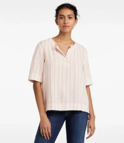 Best Sale L.L.Bean "Women's Signature Linen-Blend Splitneck Shirt, Short-Sleeve"