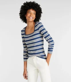 Sale L.L.Bean "Women's Signature Ribbed Square-Neck Top" LightHickoryStripe