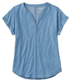 Best Sale L.L.Bean "Women's Streamside Tee, Short-Sleeve Splitneck Print" BayBlueCrossHatch