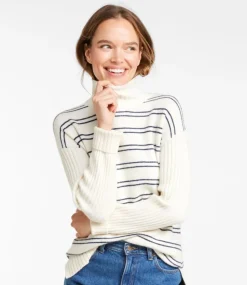 Cheap L.L.Bean "Women's The Essential Sweater, Turtleneck Stripe" Cream/DarkIndigo