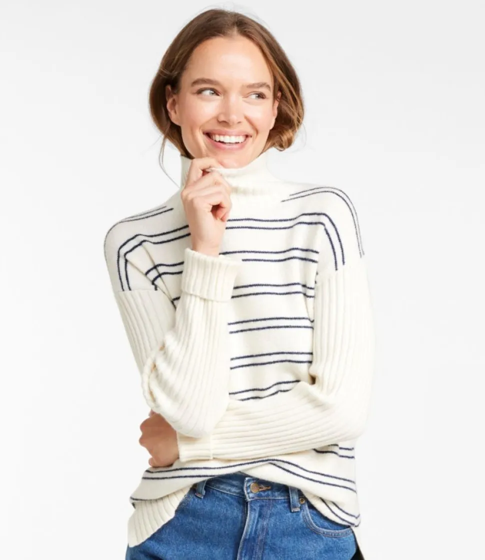 Cheap L.L.Bean "Women's The Essential Sweater, Turtleneck Stripe" Cream/DarkIndigo