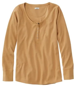 Best Sale L.L.Bean "Women's Unshrinkable Mini-Waffle Tee, Long-Sleeve Henley" Barley