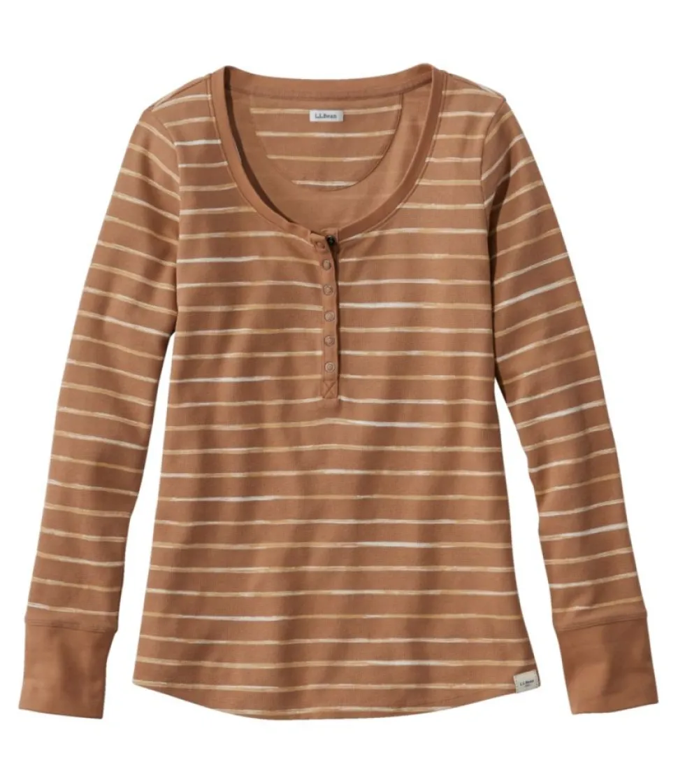 Shop L.L.Bean "Women's Unshrinkable Mini-Waffle Tee, Long-Sleeve Henley Stripe" HoneyBrownPainterlyStripe