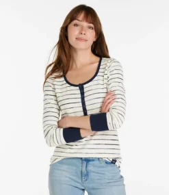Shop L.L.Bean "Women's Unshrinkable Mini-Waffle Tee, Long-Sleeve Henley Stripe" HoneyBrownPainterlyStripe