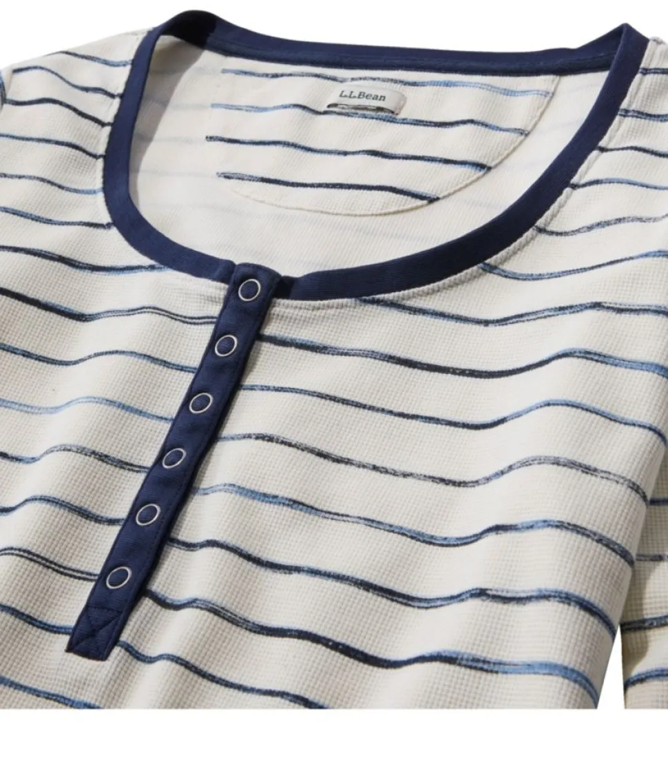 Shop L.L.Bean "Women's Unshrinkable Mini-Waffle Tee, Long-Sleeve Henley Stripe" HoneyBrownPainterlyStripe